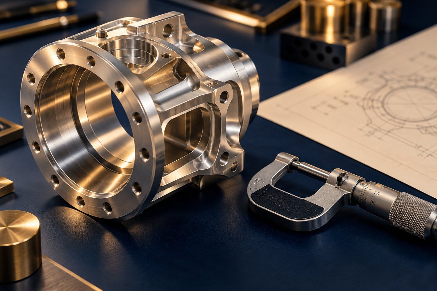 Precision metal component and measuring instrument on a dark workbench