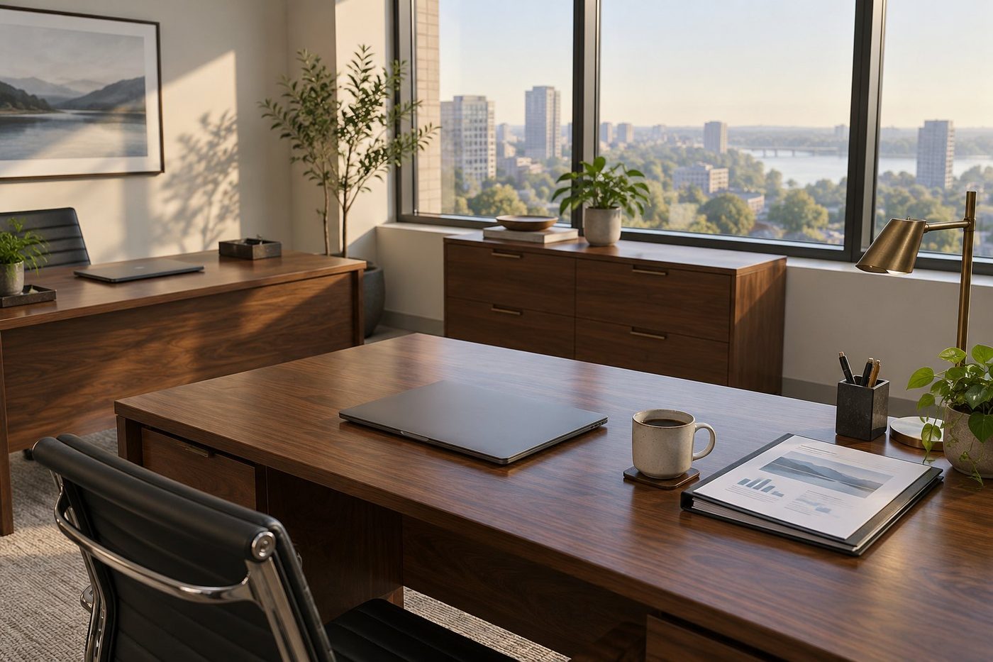 Family office workspace with walnut desks, a closed laptop and a monthly reporting binder, the people, reporting and controls of a single-family office