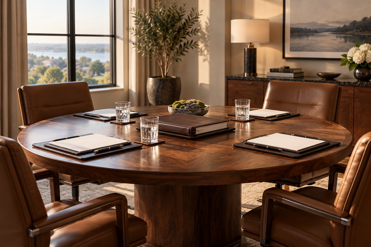 A quiet meeting room set for a small advisers' meeting, a round walnut table with leather chairs, document folders and one shared binder at the centre