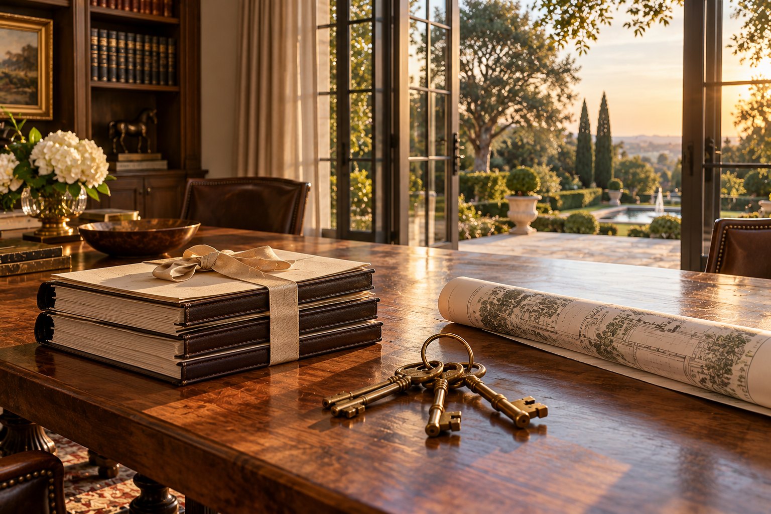 An oak table in a quiet study with bound trust documents tied with ribbon, a ring of brass keys and a rolled property survey, representing an estate plan kept in line with the portfolio