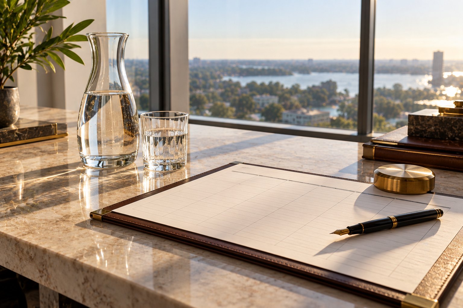 A glass carafe of water beside a blank cash-flow calendar, a brass paperweight and a fountain pen on a stone desk, representing reserves held for the right moment