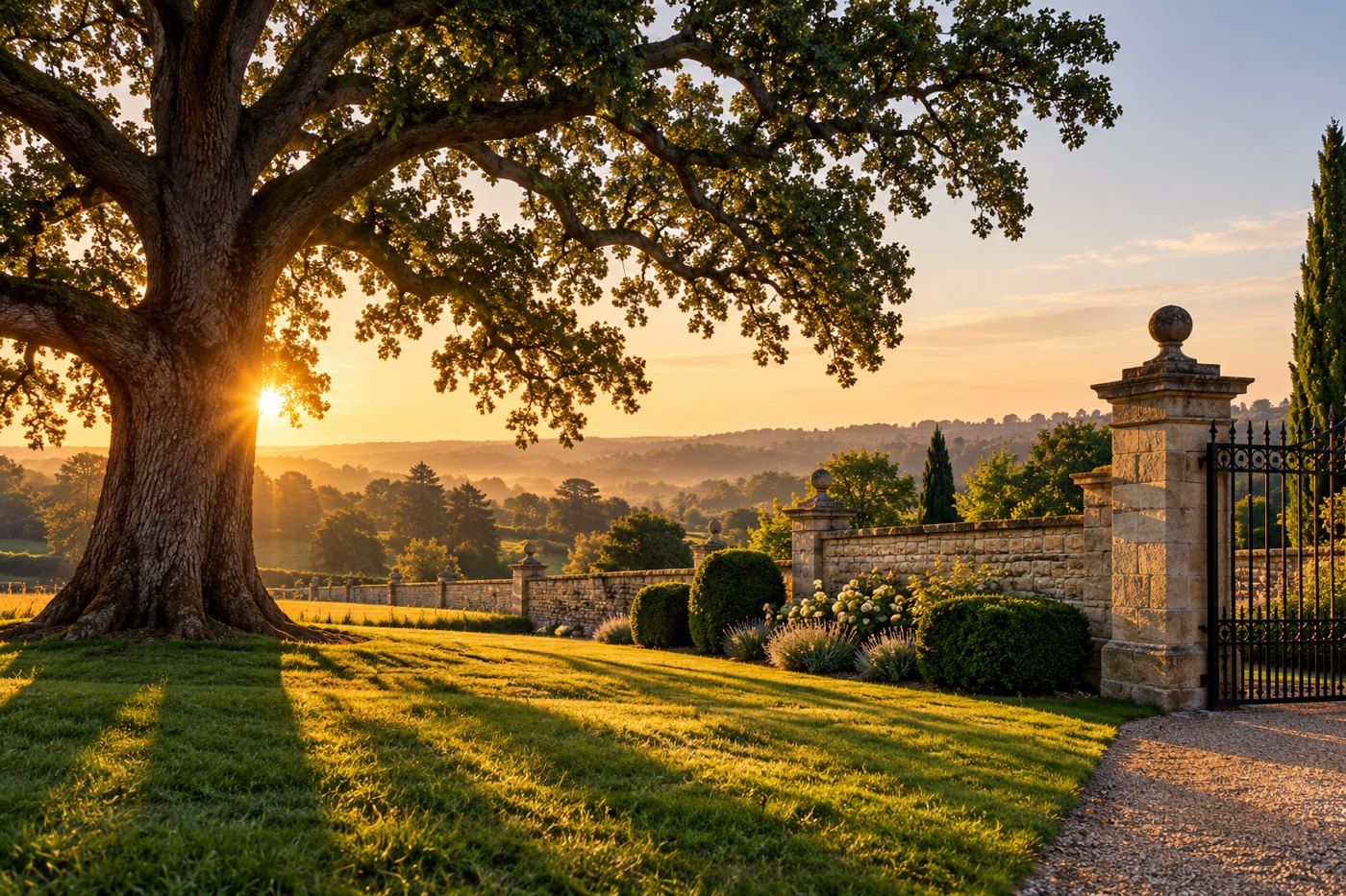 Mature oak beside a stone boundary in morning light