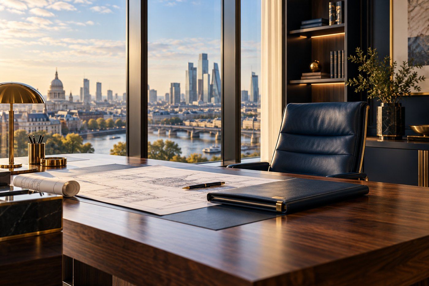 Empty private office with walnut desk and architectural plans