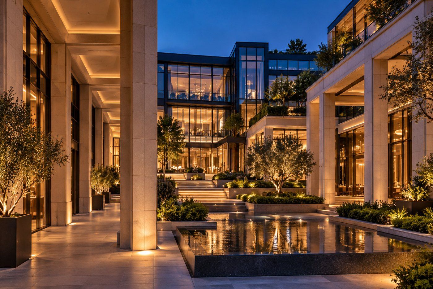 Contemporary stone and glass courtyard illuminated at blue hour