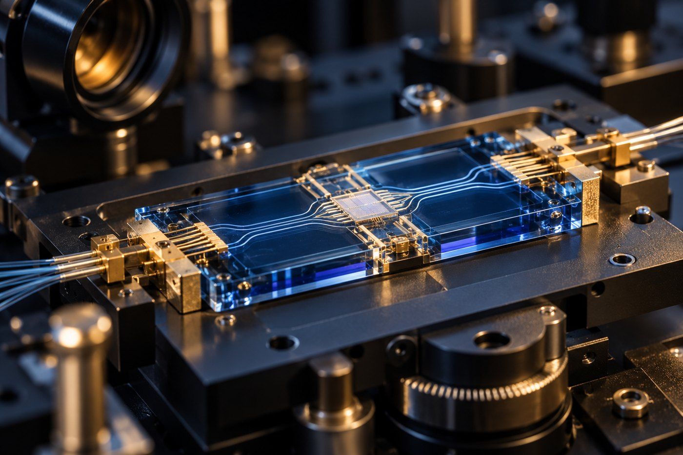 Blue photonic component and gold connections on an optical bench