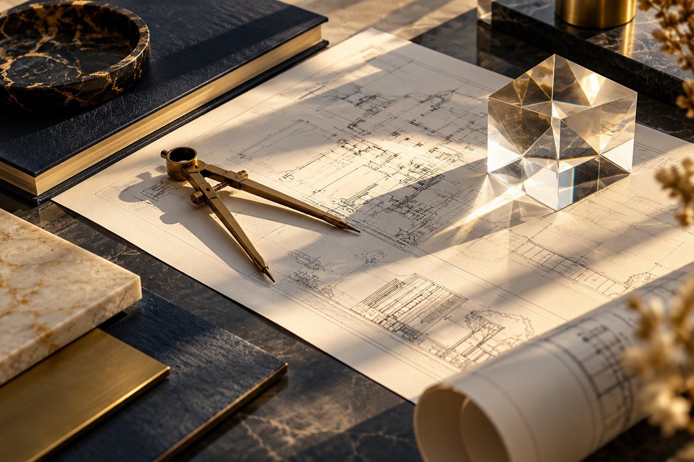 Architectural drawings with brass drafting tools and a glass prism